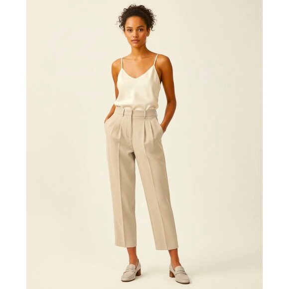 NWT THEORY Straconi in Light Camel Melange Pleated Sleek Flannel Wool Pants 8 - Picture 1 of 7